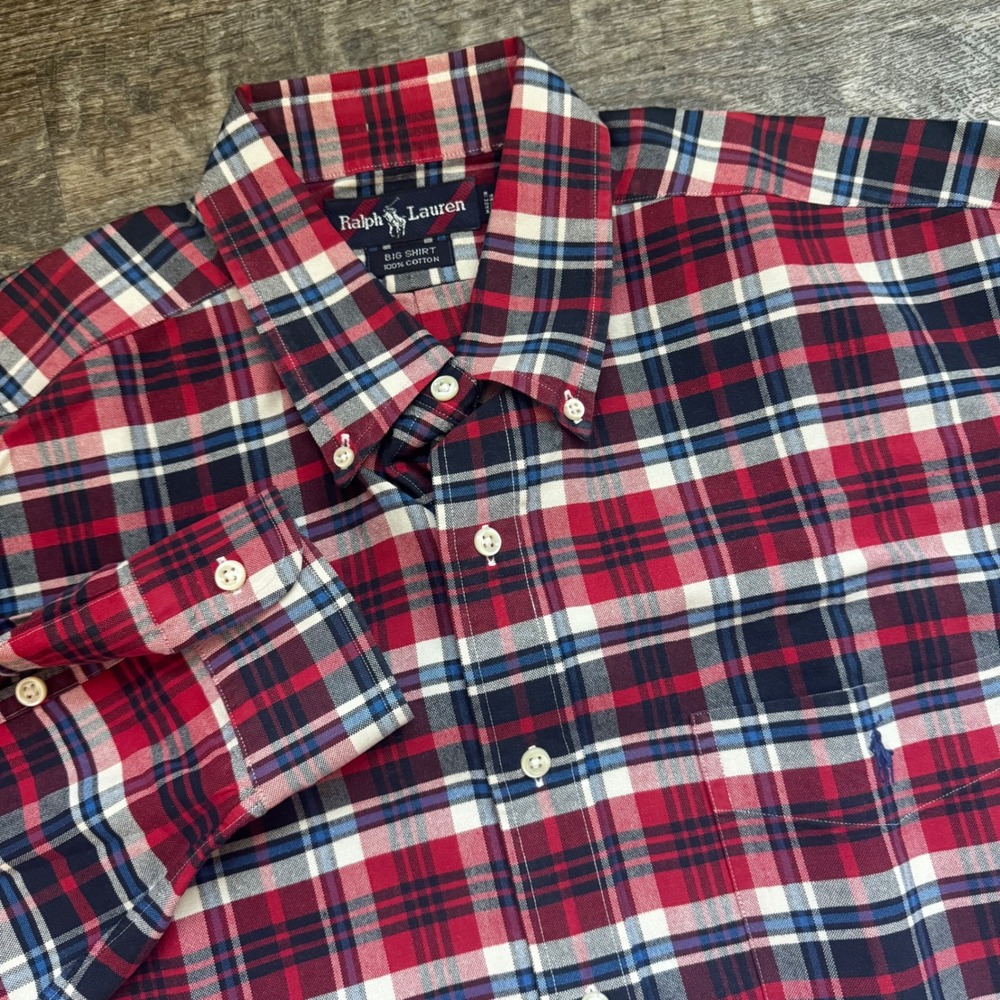 Ralph Lauren Big Shirt Vintage Button Down L Relaxed Red Navy Plaid Pony Logo